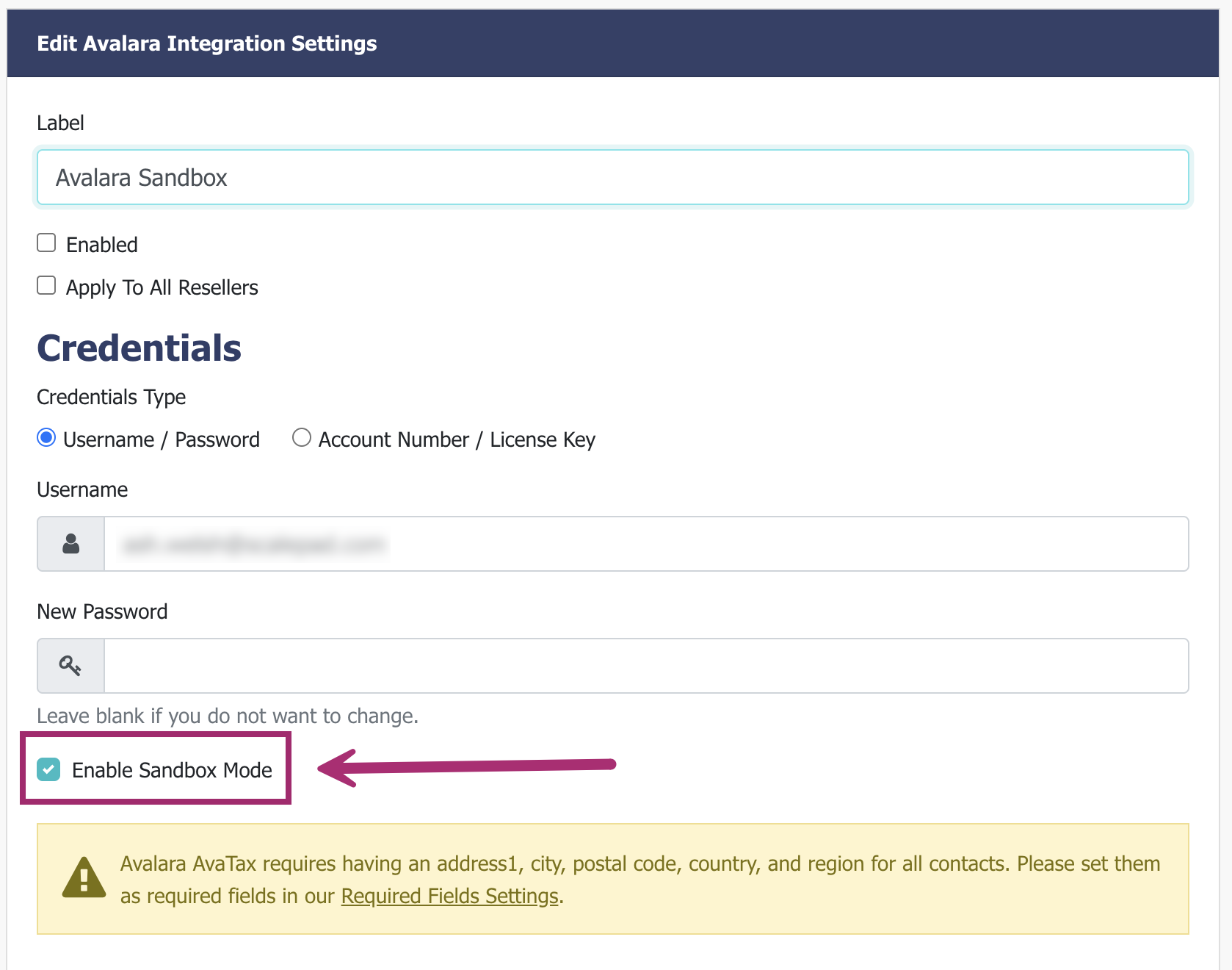 check enable sandbox mode to test the avalara integration.png